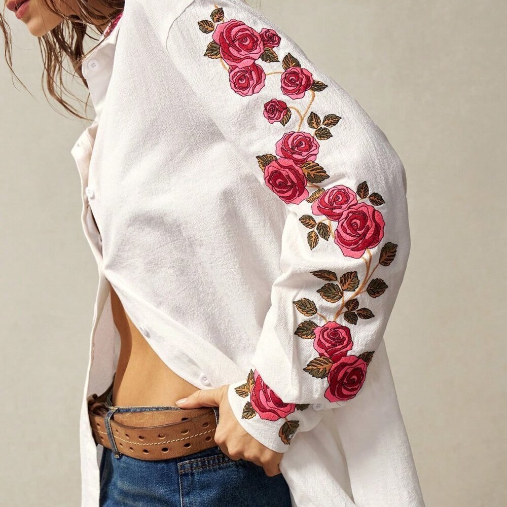 White Boho Women's Woven Asymmetrical Long Sleeve Shirt - Picture 5 of 7